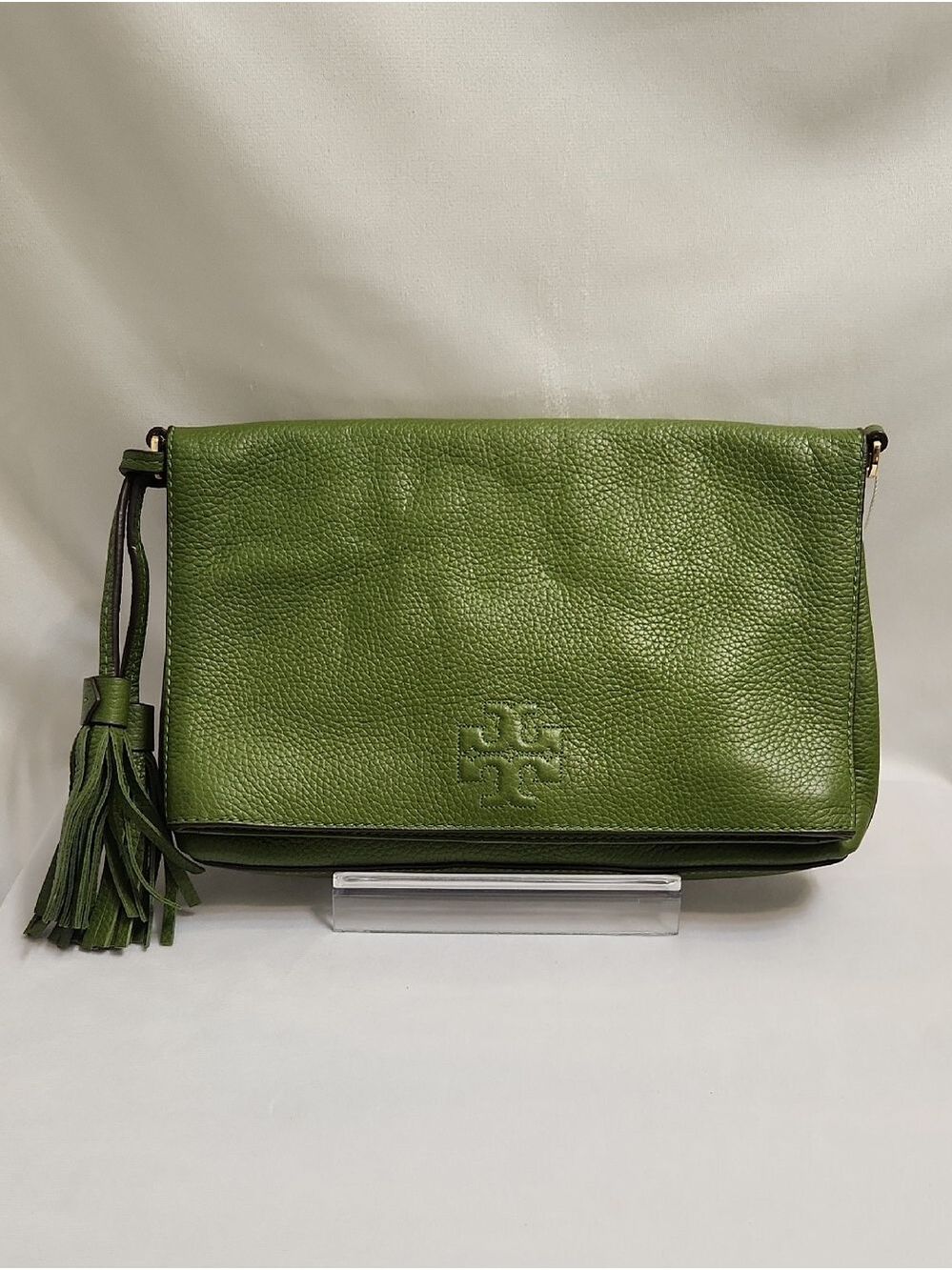 Tory Burch Thea Foldover Olive Green Pebble Leather Tassel Crossbody Clutch Bag